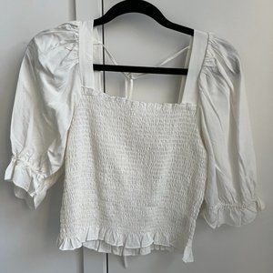 Ruched White Puffy Sleeve Bouse